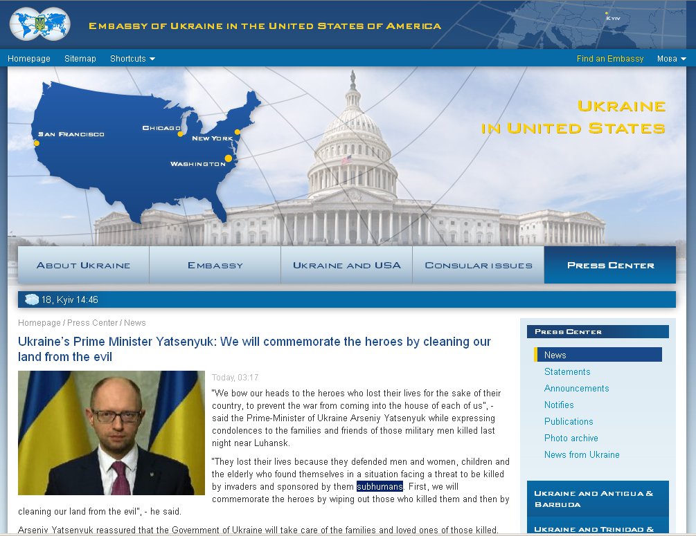Screenshot original text Embassy Ukraine on subhumans